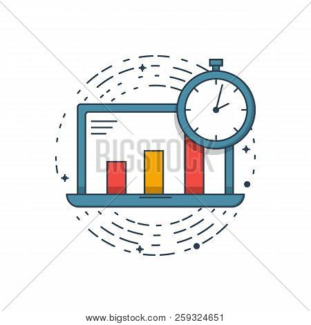 Vector Business Illustration Of Blue Colors Notebook Compute With Statistics, Stopwatch In Filed Lin