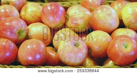 Crop Of Apples. Many Typical Ripe Apples In A Plastic Box. Harvest This Summer.