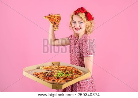 Woman In Pin Up Style Eat Slice Pizza. Retro, Pin-up Style. Happy Pinup Woman With Box With Pizza. B