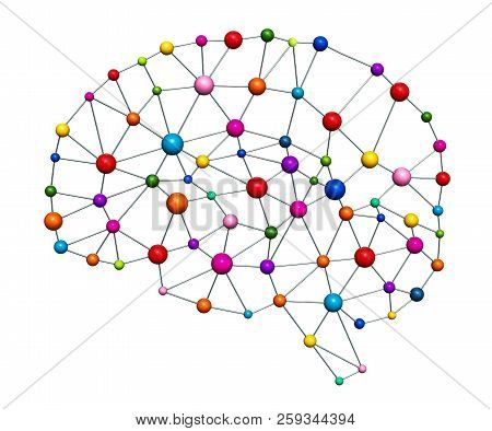 Creative Brain Concept. Brain From Mesh And Colored Balls, 3d Rendering Isolated On White Background