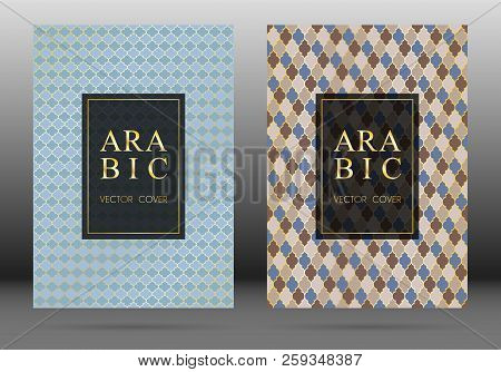 Ottoman Pattern Vector Cover Page Layout Design Collection In Arabic Style Mosaic In Gold Grid. Isla