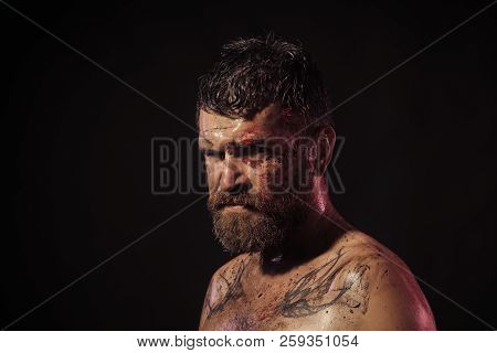 Magic, Enchantment, Witchcraft. Hipster With Beard, Mustache On Serious Dirty Face. Bearded Man With