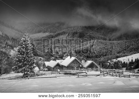 Houses Decorated And Lighted For Christmas At Night. Carpathian Mountaun Village. Winter Landscape. 