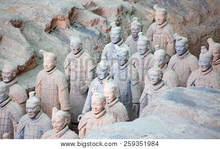 XIAN, CHINA - October 8, 2017: Famous Terracotta Army in Xi'an, China. The mausoleum of Qin Shi Huang,the first Emperor of China contains collection of terracotta sculptures of armored men and horses.