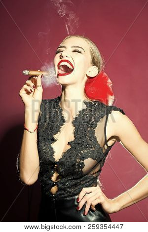 One Beautiful Smiling Woman In Black Lace Retro Clothing And Red Bow In Head With Bright Lips Holdin