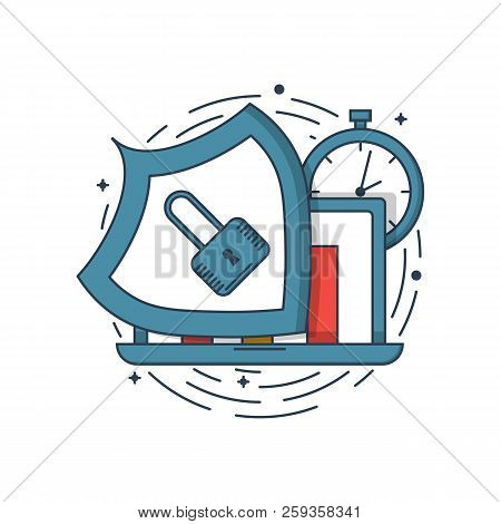 Vector Business Illustration Of Blue Colors Notebook Protection Shield And Lock Icon In Linear Style