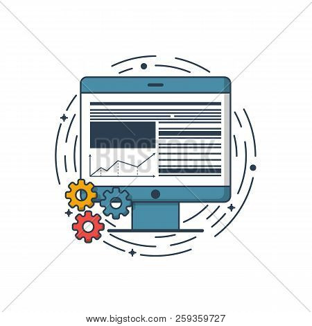 Vector Business Illustration Of Blue Colors Desktop Computer In Field Line Style. Graphic Design Con