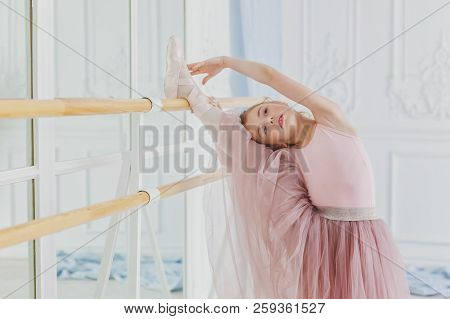 Young Classical Ballet Dancer Girl In Dance Class. Beautiful Graceful Ballerina Practice Ballet Posi