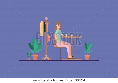 Young Woman Drinking Coffee On The Dinning Room Vector Illustration Design