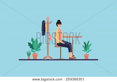Young Woman Drinking Coffee On The Dinning Room Vector Illustration Design