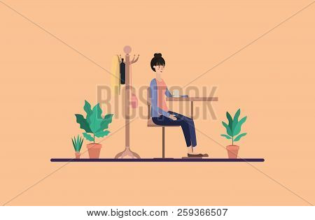 Young Woman Drinking Coffee On The Dinning Room Vector Illustration Design