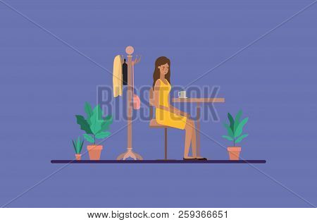 Young Woman Drinking Coffee On The Dinning Room Vector Illustration Design
