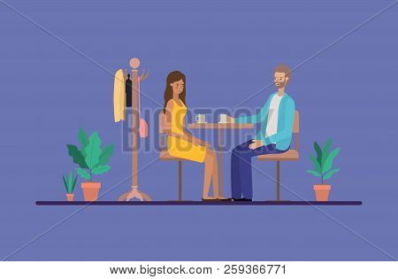 Young Couple Drinking Coffee On The Dinning Room Vector Illustration Design