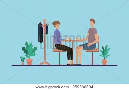 Young Couple Drinking Coffee On The Dinning Room Vector Illustration Design