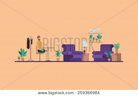 Young Man Drinking Coffee On The House Vector Illustration Design