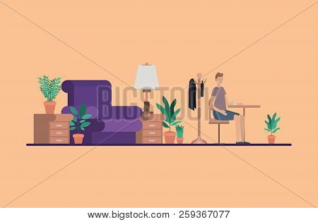 Young Man Drinking Coffee On The House Vector Illustration Design