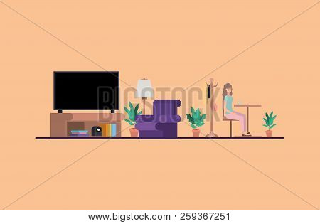Young Woman Drinking Coffee On The House Vector Illustration Design