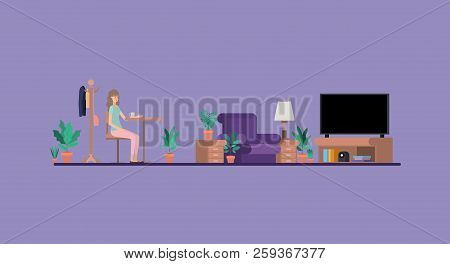 Young Woman Drinking Coffee On The House Vector Illustration Design