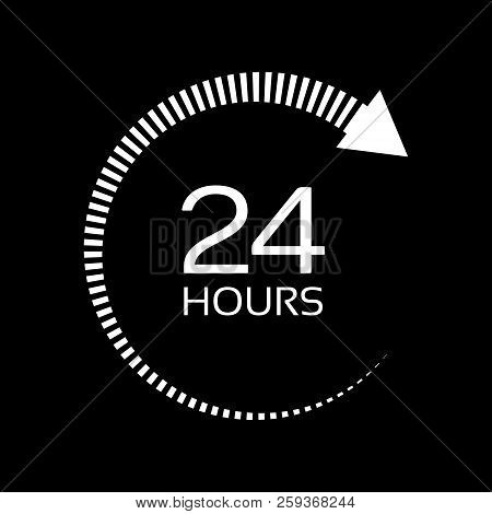 Open Around The Clock Serving Clock Arrow Sign. White Sign Isolated On Dark Background. Open 24 Hour