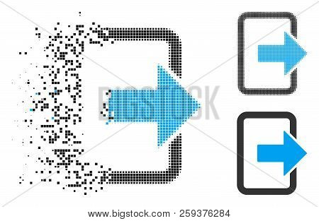 Exit Door Icon In Dissolved, Pixelated Halftone And Original Variants. Elements Are Composed Into Ve