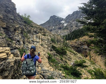 Hiking The Rocky Terrain Of The Crypt Lake Trail, A Steep Ascent To Crypt Lake Including Walking A L