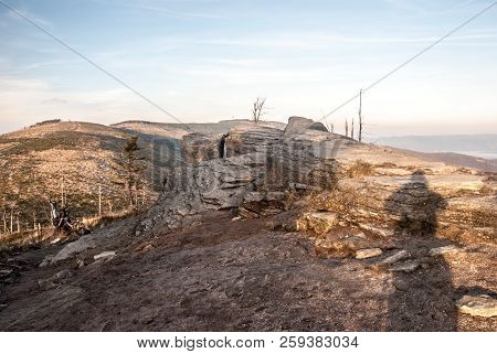 Sandstone Rock Formation On Malinowska Skala Hill With Kopa Skrzyczenska, Male Skrzyczne And Skrzycz