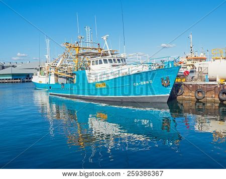 Fremantle, Australia - May 29, 2018: Fishing Boats Moored In Fremantle Fishing Boat Harbour. Surroun