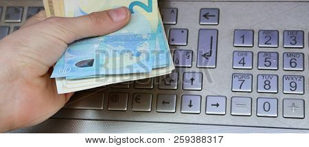 Many European Money At Atm In Europe And A Hand
