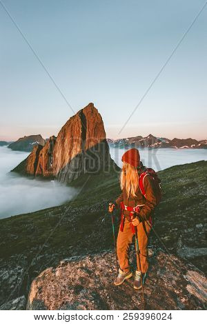 Woman Traveler Hiking Outdoor In Norway Active Vacations Traveling Adventure Lifestyle Girl With Bac