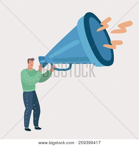 Young Man Holding In His Hands In Megaphone And Screaming. Guy Is Shouting And Screaming In Bullhorn