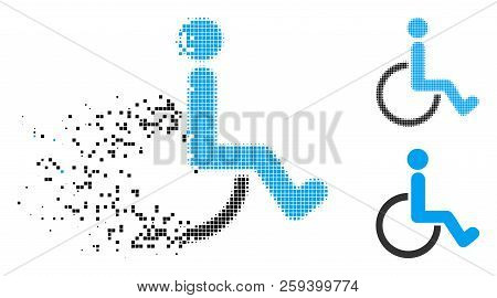 Disabled Person Icon In Dispersed, Pixelated Halftone And Undamaged Variants. Pieces Are Composed In