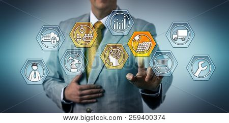 Logistician Managing Photovoltaics Supply Chain Via Touch Screen. Industry, Business And Technology 