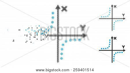 Hyperbola Plot Icon In Fractured, Dotted Halftone And Entire Variants. Particles Are Organized Into 
