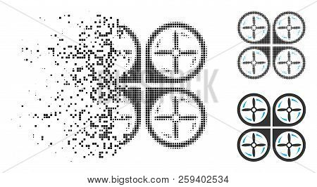 Quadrotor Screws Rotation Icon In Dispersed, Dotted Halftone And Solid Versions. Elements Are Organi