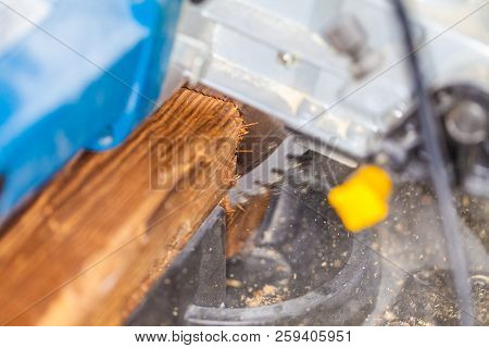Close Up From A Buzz Saw Cuts A Wood