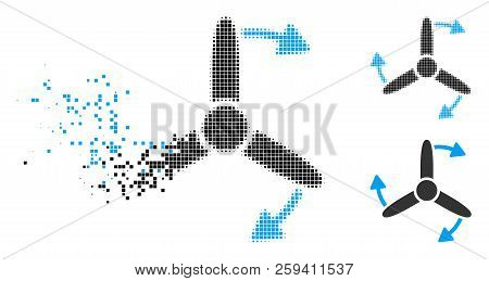 Three Bladed Screw Rotation Icon In Fractured, Pixelated Halftone And Solid Variants. Pixels Are Com