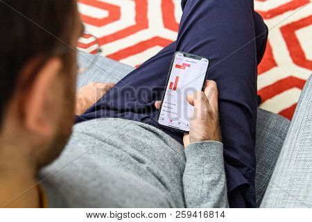 London, Uk - Sep 21, 2018: Man Using The New Apple Iphone Xs With The Immense Oled Retina Display An