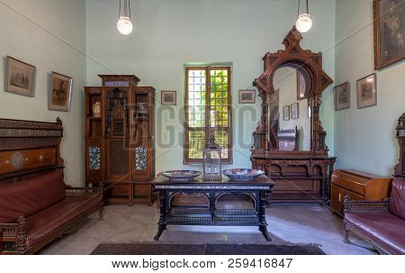 Cairo, Egypt - August 26 2018: Historical Manial Palace Of Prince Mohammed Ali. Ceremonies Room With