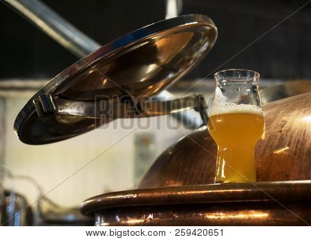 Copper Tank For Fermentation In A Beer Brewery.