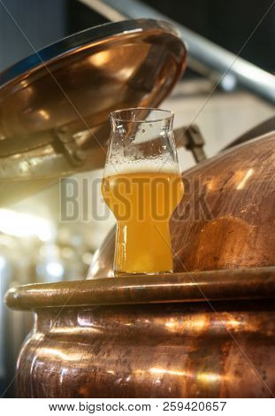 Copper Tank For Fermentation In A Beer Brewery.
