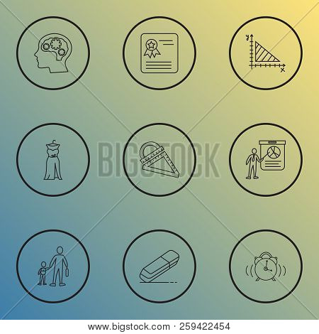 Education Icons Line Style Set With Prom Dress, Primary School, Geometry And Other Rubber Elements. 