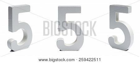 Figure Five Made Of Plaster On A White Background At Different Angles.