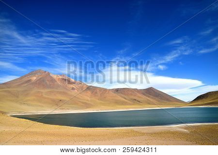 Laguna Miniques Or Miniques Lake With Cerro Miscanti Volcano In The Backdrop, Antofagasta Region Of 