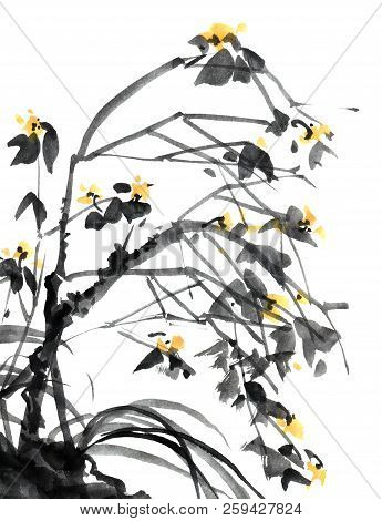 Watercolor And Ink Illustration Of Tree With Leaves, Background With Grunge Watersplash Texture, Ori
