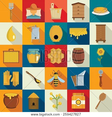 Apiary Icons Set. S Set. Apiary Vector Icons Set In Flat Style With Bee, Honey For Web And Advertisi