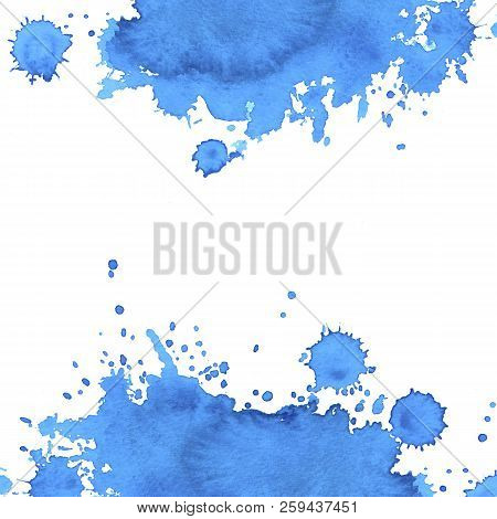 Square Background Of Watercolor Absrtract Blue Spots. The Color Splashing In The Paper. It Is A Hand