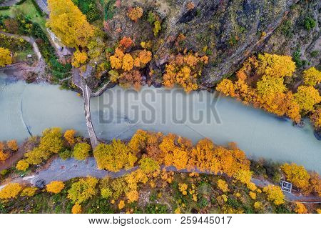 Aerial View Of Konitsa Old Bridge And Aoos River An Autumn Day, Greece.