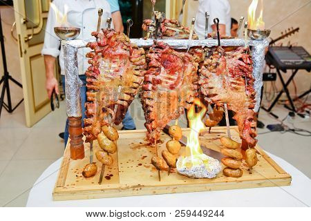 Roasted Meat Over An Open Fire, Cooked In A Special Way.barbecue Is Prepared Of Lamb Or Sheep Meat A