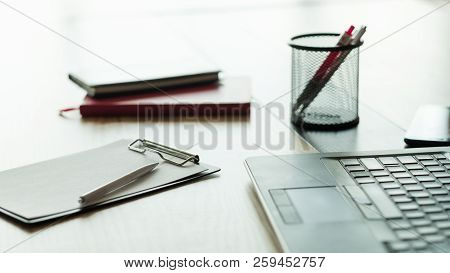 Work Planning Thinking And Ideas Generation. Brainwork And Strategy Development. Pen Clipboard And L
