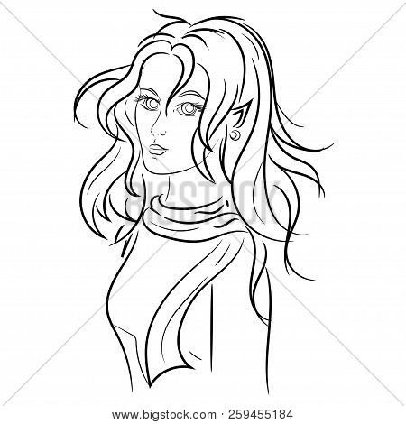 Beautiful Girl Elf In Modern Clothes With Disheveled Hair. Sketch. Tattoo.